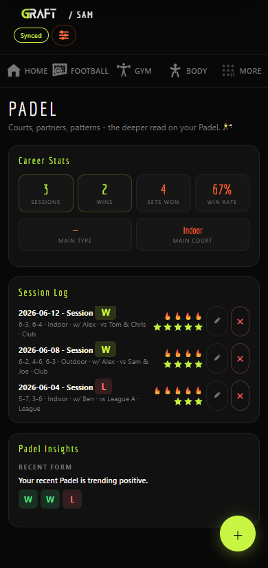 GRAFT padel tracking: match scores, sets won and partner stats