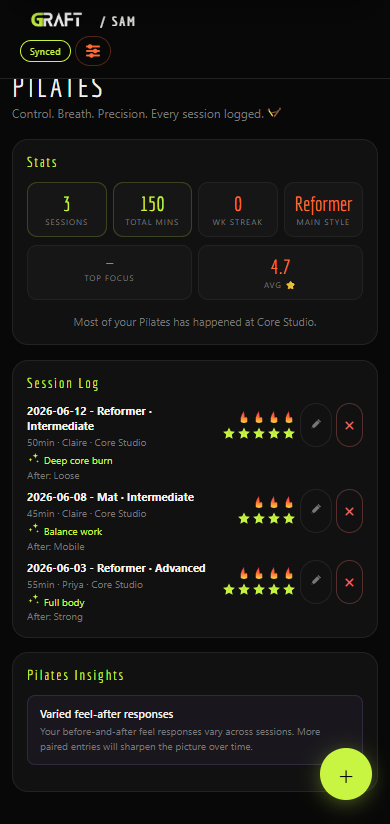 GRAFT pilates tracking: session log with type, level and body feel